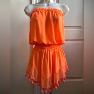 RAMY BROOK MARCIE Mini Dress Pom-Pom Swim Cover-Up in Elora/Orange XS -READ DESC